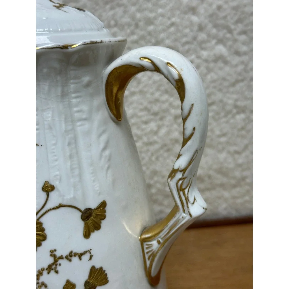 Vintage KT&K China Tall Coffee Pot / Chocolate Pot White Gold Floral Embossed